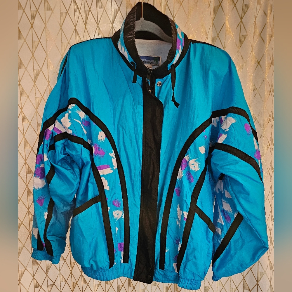 Vintage Coastal Images Black & Teal Windbreaker Jacket w/Shoulderpads - Size Med